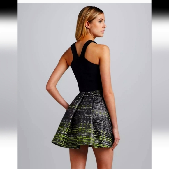 Women's Jaquard Zip Front Black Green A-Line Mini Formal New Years Dress Size 2 - Picture 2 of 11